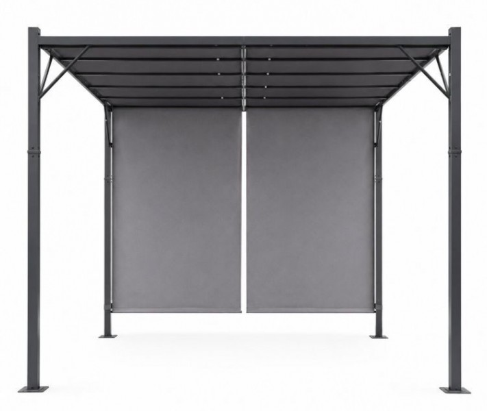 Szara pergola ogrodowa FG-362 z regulowanym zadaszeniem i roletami bocznymi
