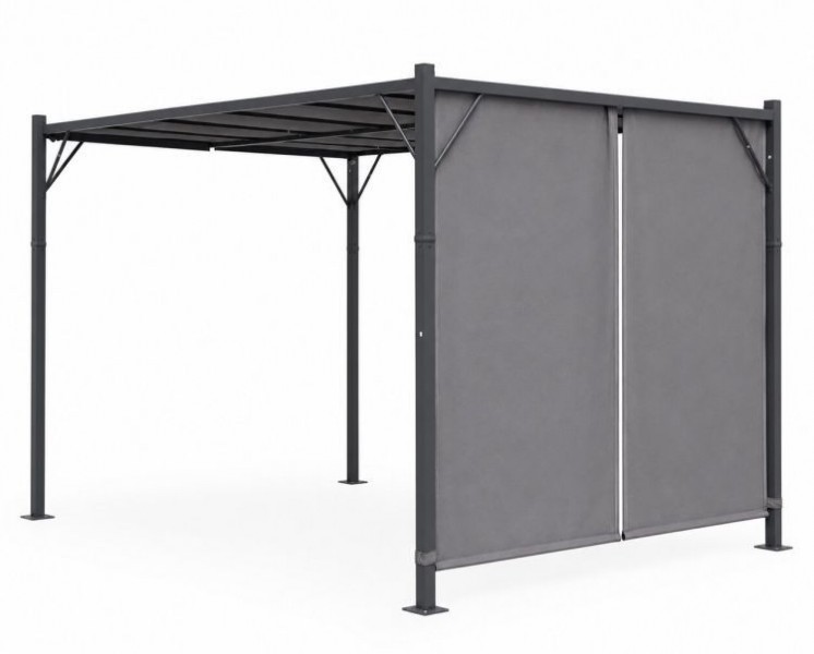 Szara pergola ogrodowa FG-362 z regulowanym zadaszeniem i roletami bocznymi