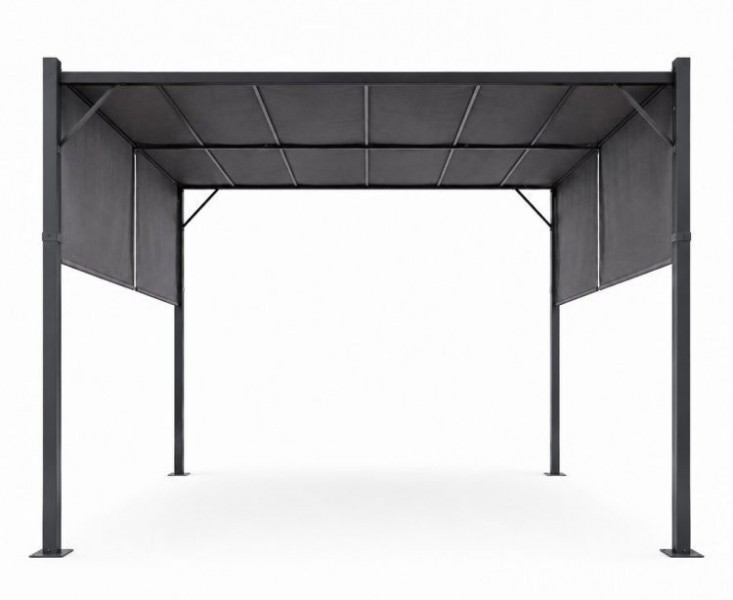 Szara pergola ogrodowa FG-362 z regulowanym zadaszeniem i roletami bocznymi