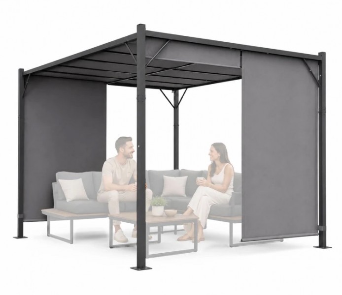Szara pergola ogrodowa FG-362 z regulowanym zadaszeniem i roletami bocznymi
