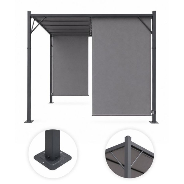 Szara pergola ogrodowa FG-362 z regulowanym zadaszeniem i roletami bocznymi