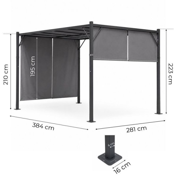 Szara pergola ogrodowa FG-362 z regulowanym zadaszeniem i roletami bocznymi