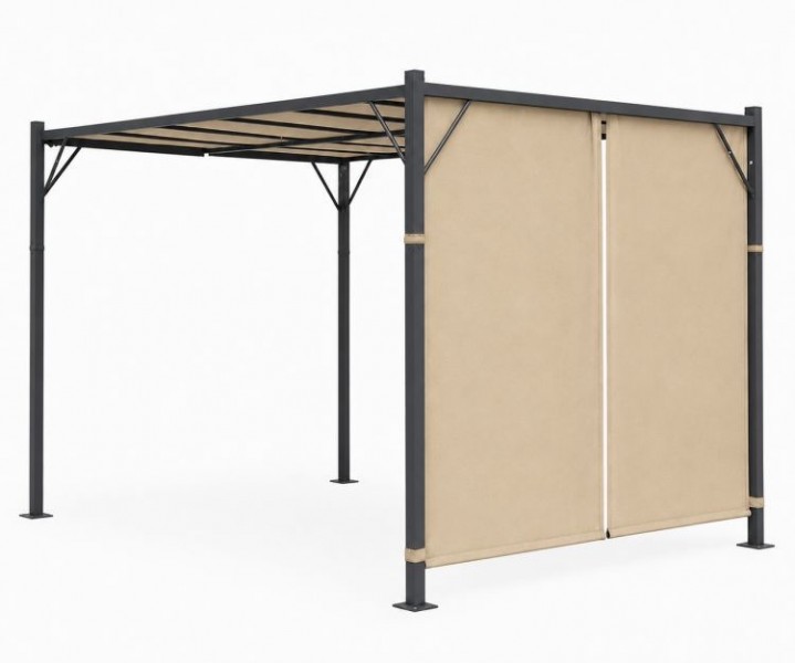 Beżowa pergola ogrodowa FG-362 z regulowanym zadaszeniem i roletami bocznymi