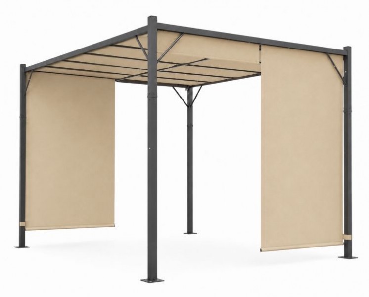 Beżowa pergola ogrodowa FG-362 z regulowanym zadaszeniem i roletami bocznymi