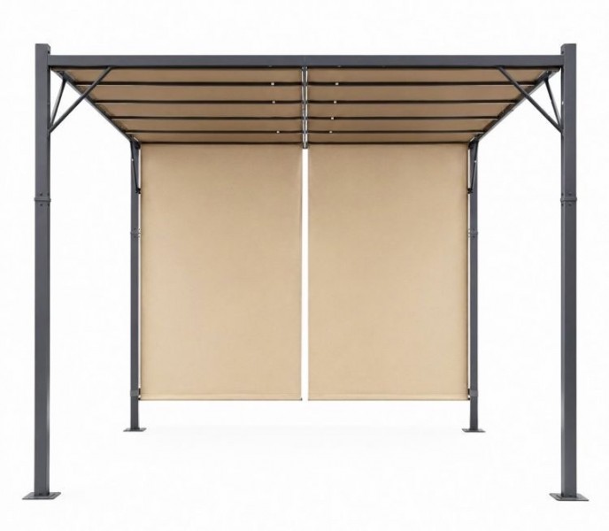 Beżowa pergola ogrodowa FG-362 z regulowanym zadaszeniem i roletami bocznymi