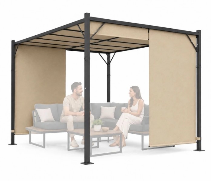 Beżowa pergola ogrodowa FG-362 z regulowanym zadaszeniem i roletami bocznymi