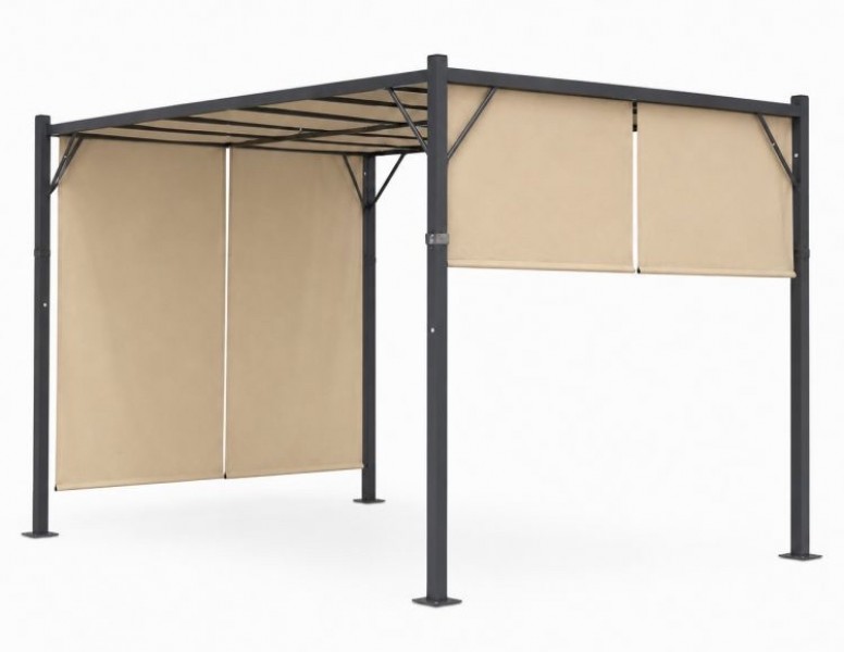Beżowa pergola ogrodowa FG-362 z regulowanym zadaszeniem i roletami bocznymi