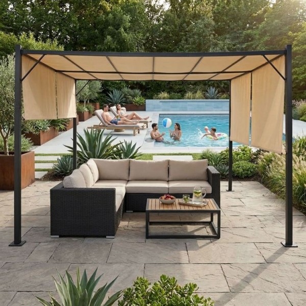 Beżowa pergola ogrodowa FG-362 z regulowanym zadaszeniem i roletami bocznymi
