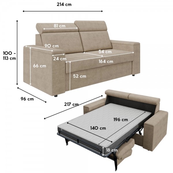 Sofa - kanapa do spania Volta 140x200 cm, z pojemnikami, materacem i stelażem włoskim