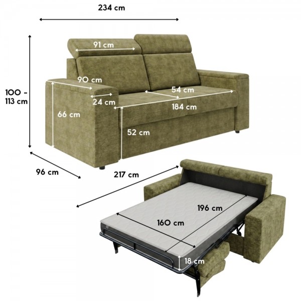 Sofa - kanapa do spania Volta 160x200 cm, z pojemnikami, materacem i stelażem włoskim