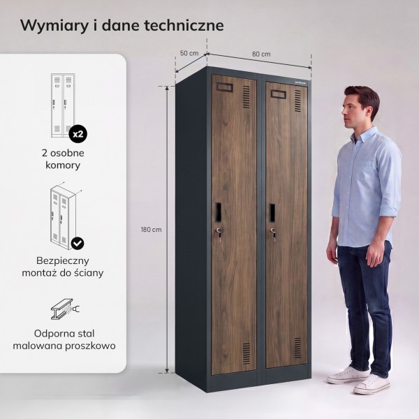 Szafa BHP wąska 60x50x180 cm Eco Design Kacper 2, antracyt/orzech