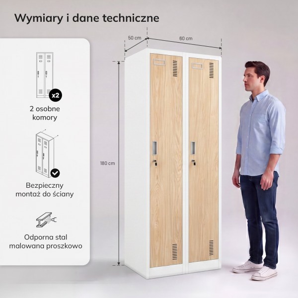 Szafa BHP wąska 60x50x180 cm Eco Design Kacper 2, biały/dąb sonoma