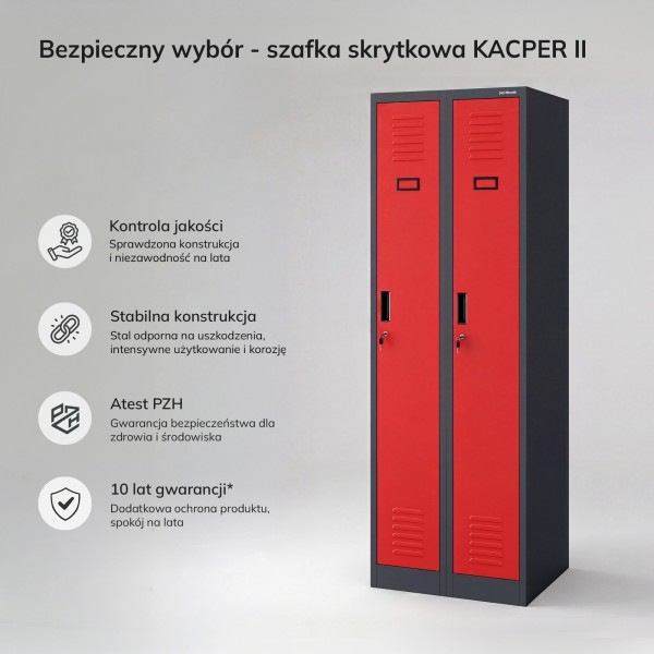 Dwudrzwiowa szafa BHP wąska 60x50x180 cm Kacper 2, antracyt/czerwony