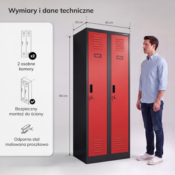 Dwudrzwiowa szafa BHP wąska 60x50x180 cm Kacper 2, antracyt/czerwony