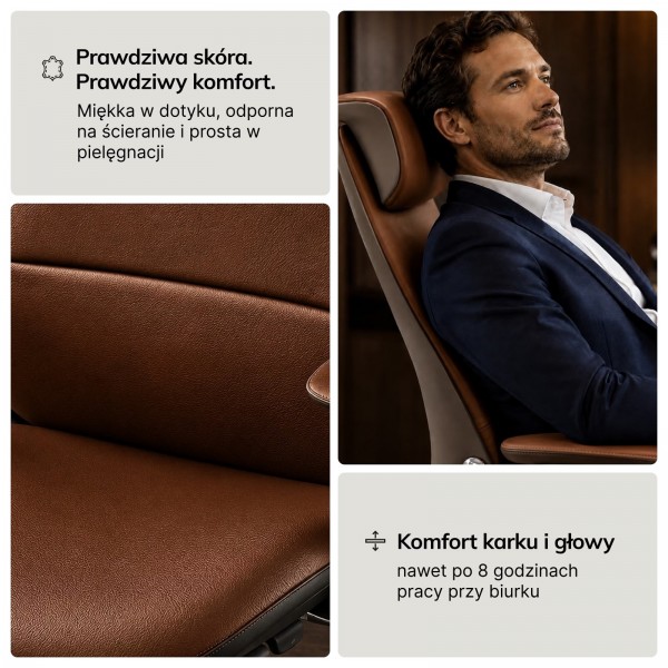 Fotel biurowy skórzany Command, kolor brązowy