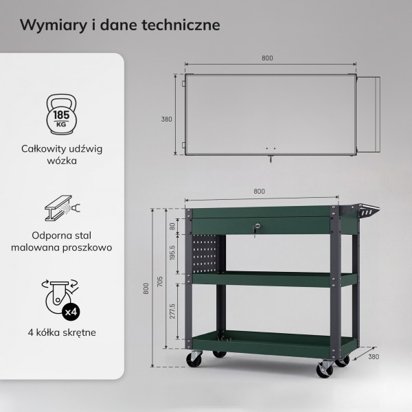 Wózek narzędziowy, warsztatowy na kółkach Fred z szufladą, kolor butelkowa zieleń