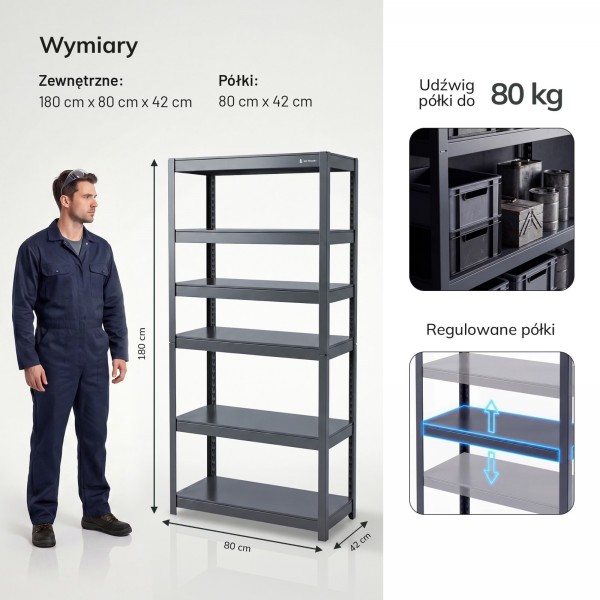 Regał metalowy Johnny antracyt, 80 x 42 x 180 cm do garażu, warsztatu i magazynu