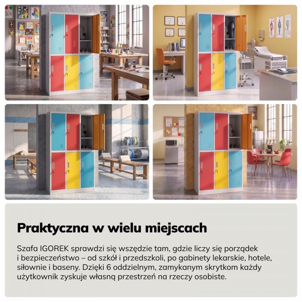 Szatnia szkolna 6-skrytkowa Igorek 90x45x150 cm, wielokolorowa