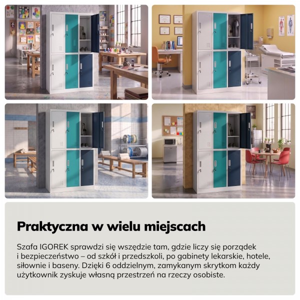 Kolorowa szatnia szkolna 6-skrytkowa Igorek 90x45x150 cm, szaro-niebiesko-granatowa
