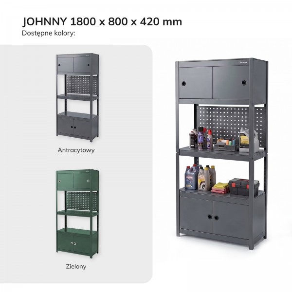 Metalowy regał warsztatowy z szafkami Johnny, 80 x 42 x 180 cm, kolor antracyt