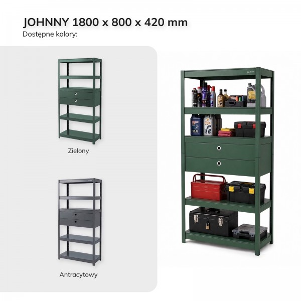 Metalowy regał do warsztatu z szufladami Johnny, 80 x 42 x 180 cm, kolor zielony
