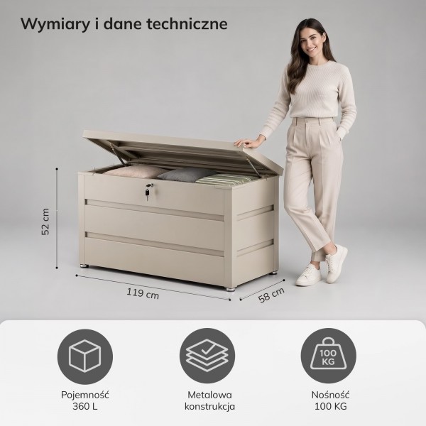 Metalowa skrzynia ogrodowa Carrie 360 litrów, 119 × 58 × 52 cm, kolor beżowy