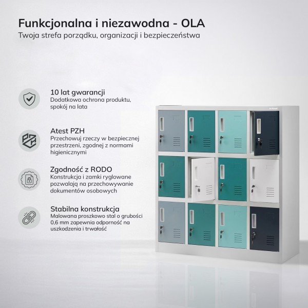 Szafka przedszkolna metalowa Ola 12-skrytkowa, 109 × 45 × 120 cm, szaro-niebiesko-granatowa