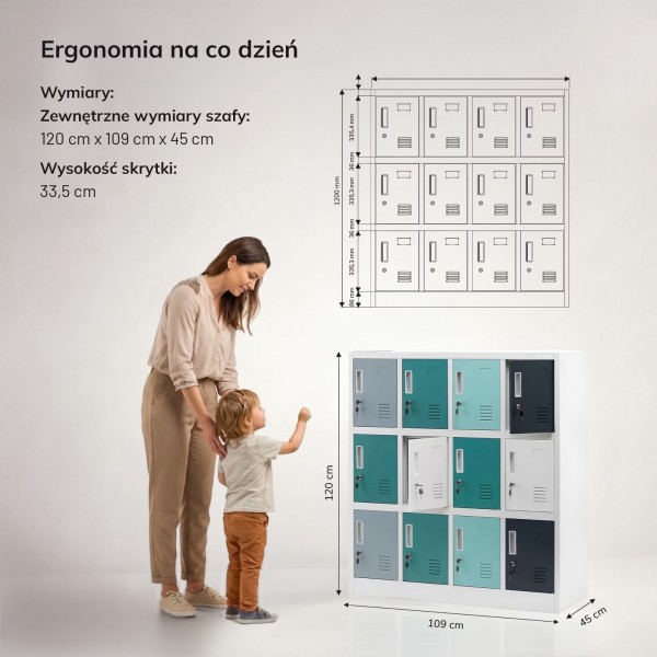 Szafka przedszkolna metalowa Ola 12-skrytkowa, 109 × 45 × 120 cm, szaro-niebiesko-granatowa