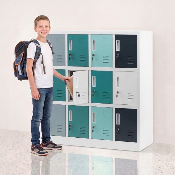 Szafka przedszkolna metalowa Ola 12-skrytkowa, 109 × 45 × 120 cm, szaro-niebiesko-granatowa