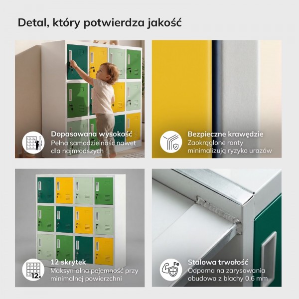 Szafka przedszkolna metalowa Ola 12-skrytkowa, 109 × 45 × 120 cm, szaro-zielono-żółta