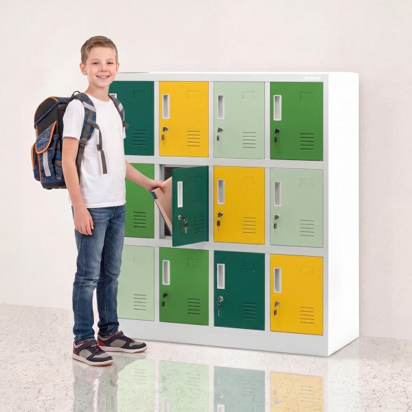 Szafka przedszkolna metalowa Ola 12-skrytkowa, 109 × 45 × 120 cm, szaro-zielono-żółta
