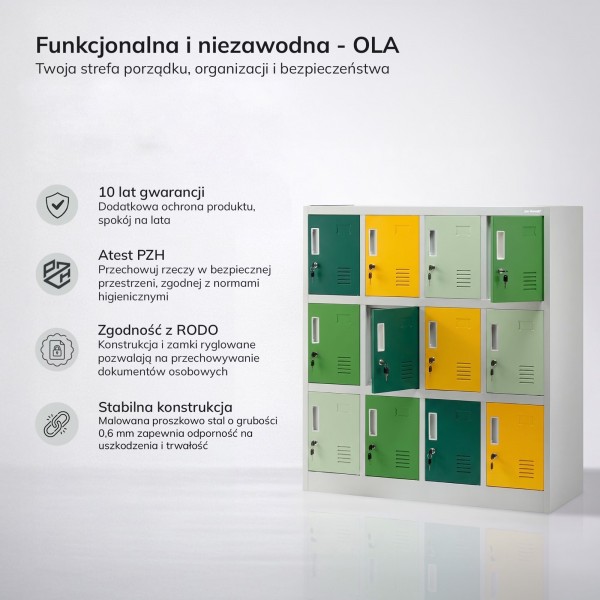 Szafka przedszkolna metalowa Ola 12-skrytkowa, 109 × 45 × 120 cm, szaro-zielono-żółta