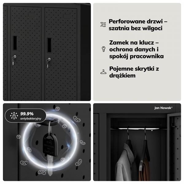 Perforowana szafka ubraniowa BHP skrytkowa Bartek Pro, 136 x 45 x 172 cm, kolor czarny