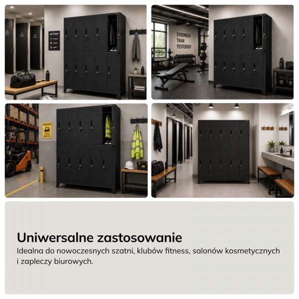 Perforowana szafka ubraniowa BHP skrytkowa Bartek Pro, 136 x 45 x 172 cm, kolor czarny