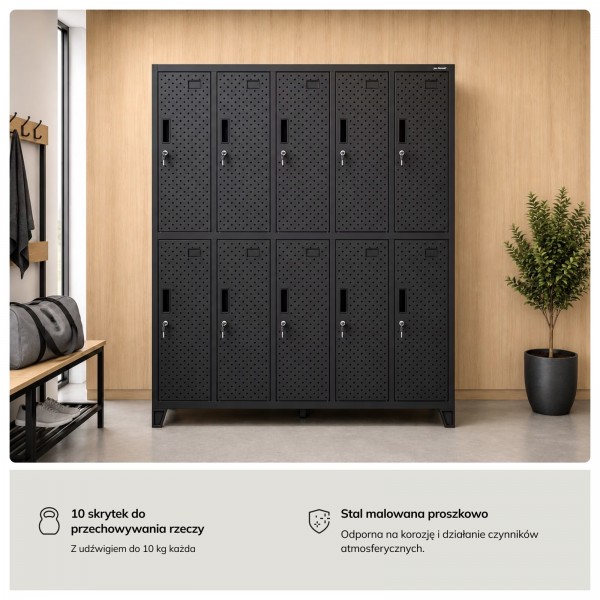 Perforowana szafka ubraniowa BHP skrytkowa Bartek Pro, 136 x 45 x 172 cm, kolor czarny