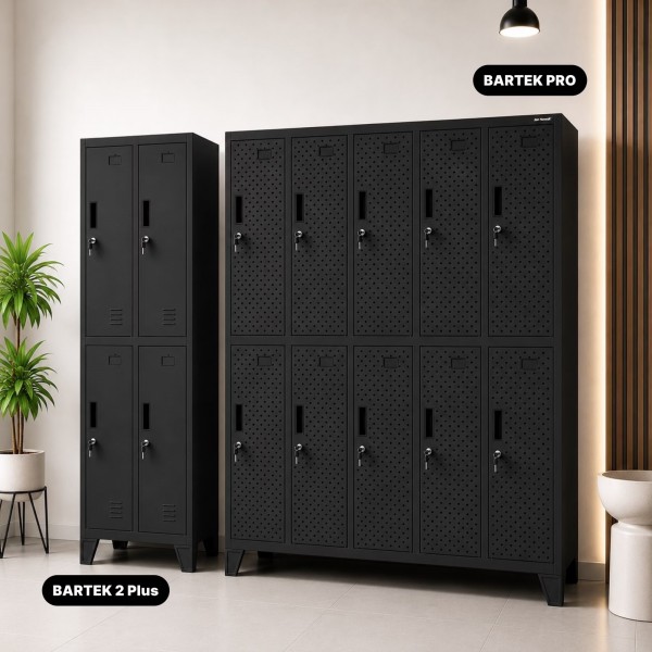 Perforowana szafka ubraniowa BHP skrytkowa Bartek Pro, 136 x 45 x 172 cm, kolor czarny