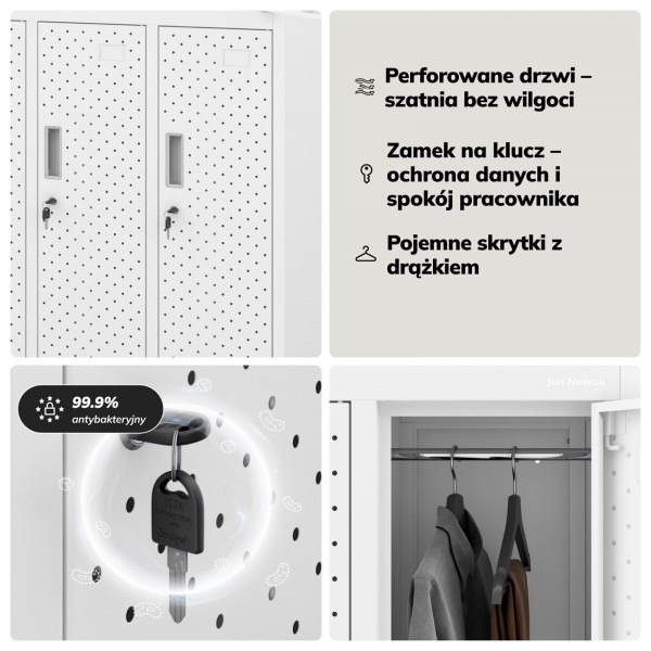 Perforowana szafka ubraniowa BHP skrytkowa Bartek Pro, 136 x 45 x 172 cm, kolor biały