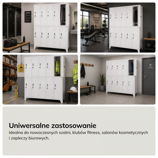 Perforowana szafka ubraniowa BHP skrytkowa Bartek Pro, 136 x 45 x 172 cm, kolor biały