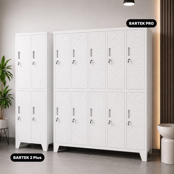 Perforowana szafka ubraniowa BHP skrytkowa Bartek Pro, 136 x 45 x 172 cm, kolor biały