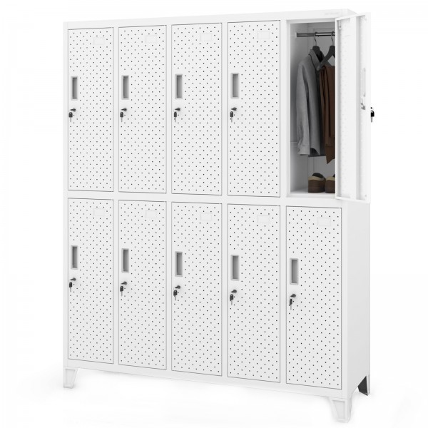 Perforowana szafka ubraniowa BHP skrytkowa Bartek Pro, 136 x 45 x 172 cm, kolor biały