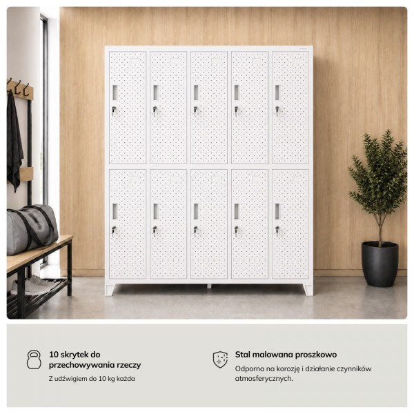 Perforowana szafka ubraniowa BHP skrytkowa Bartek Pro, 136 x 45 x 172 cm, kolor biały