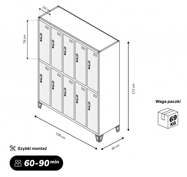 Perforowana szafka ubraniowa BHP skrytkowa Bartek Pro, 136 x 45 x 172 cm, kolor szary