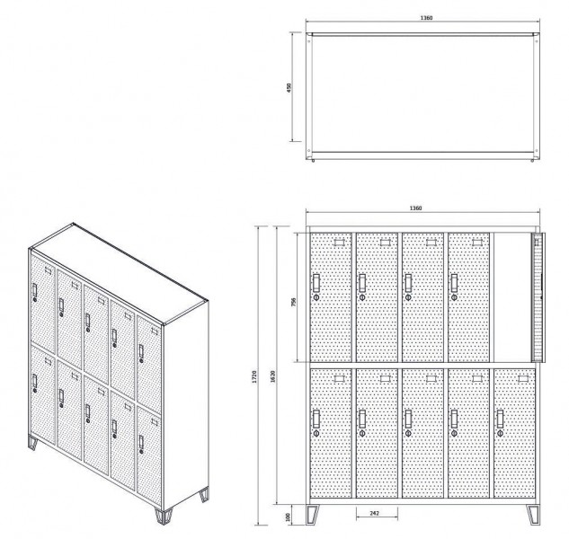 Perforowana szafka ubraniowa BHP skrytkowa Bartek Pro, 136 x 45 x 172 cm, kolor szary