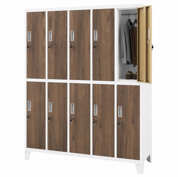 Szafa socjalna 10-skrytkowa Eco Design Bartek, 136x45x172 cm, biały/orzech