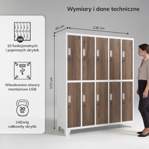 Szafa socjalna 10-skrytkowa Eco Design Bartek, 136x45x172 cm, biały/orzech