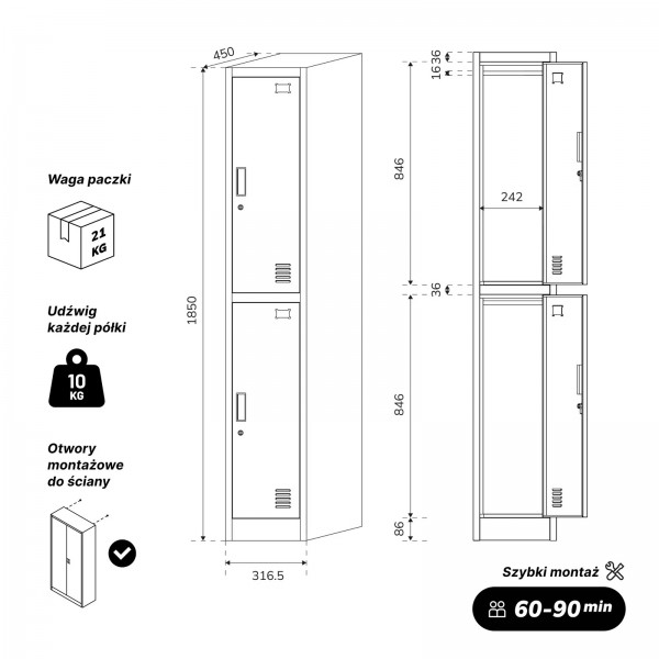 Wąska szafka ubraniowa BHP Igor 1 Plus, 31,6x45x185 cm, antracyt/orzech