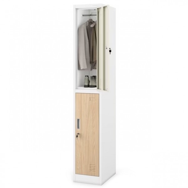 Wąska szafka ubraniowa BHP Igor 1 Plus, 31,6x45x185 cm, biały/dąb sonoma