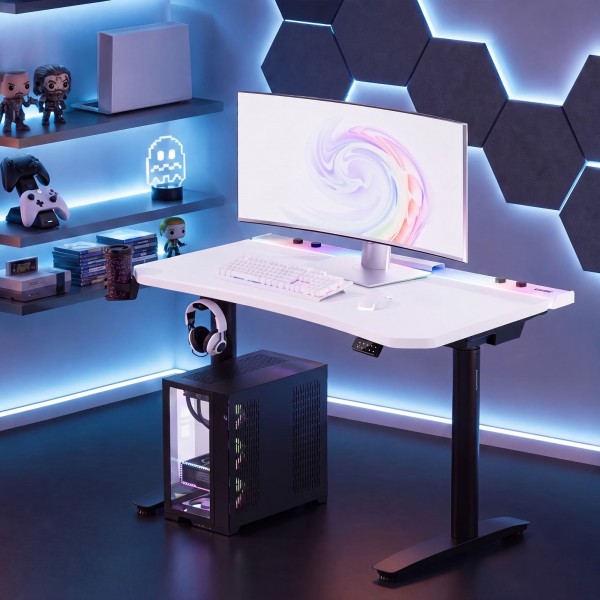 Biurko gamingowe RGB z regulacją wysokości Diablo X-Forge, 160x70 cm, biało-czarne