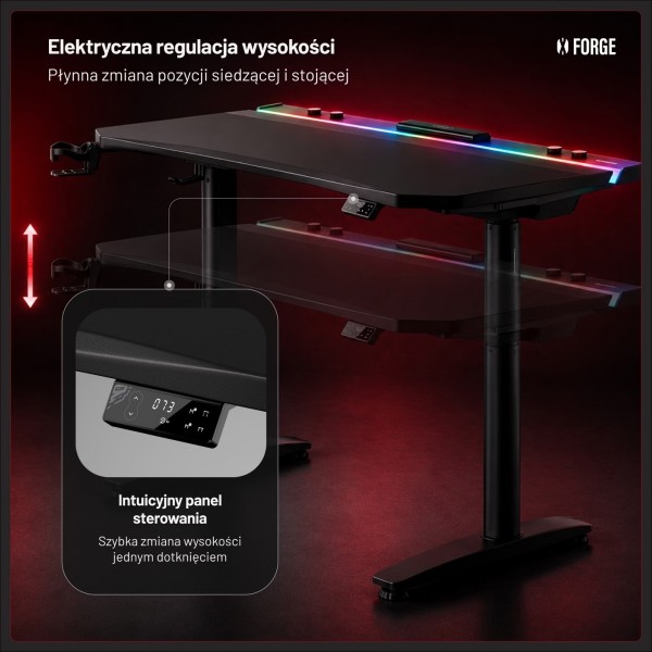 Biurko gamingowe RGB z regulacją wysokości Diablo X-Forge, 160x70 cm, czarne