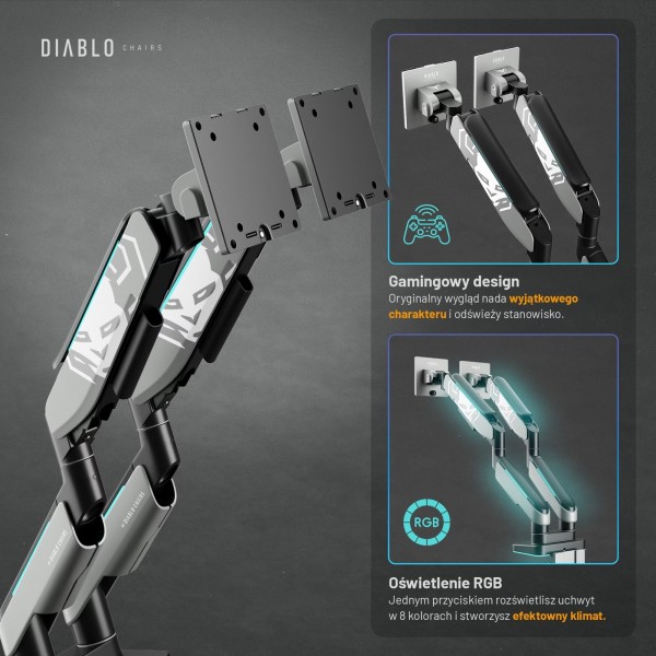 Uchwyt regulowany na 2 monitory 35 cali RGB Diablo X-Arm Dual, szaro-czarny